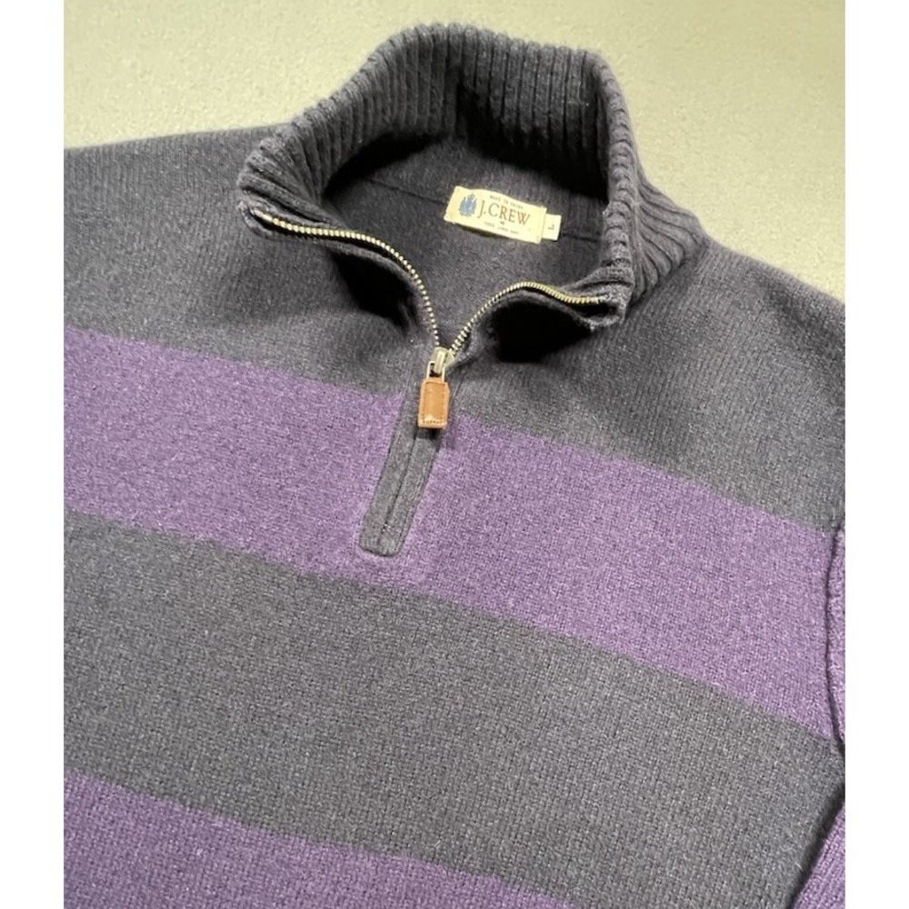 J. Crew Sweater Men's L 100% Lambs Wool Blue Striped Pullover Mock 1/4 Zip